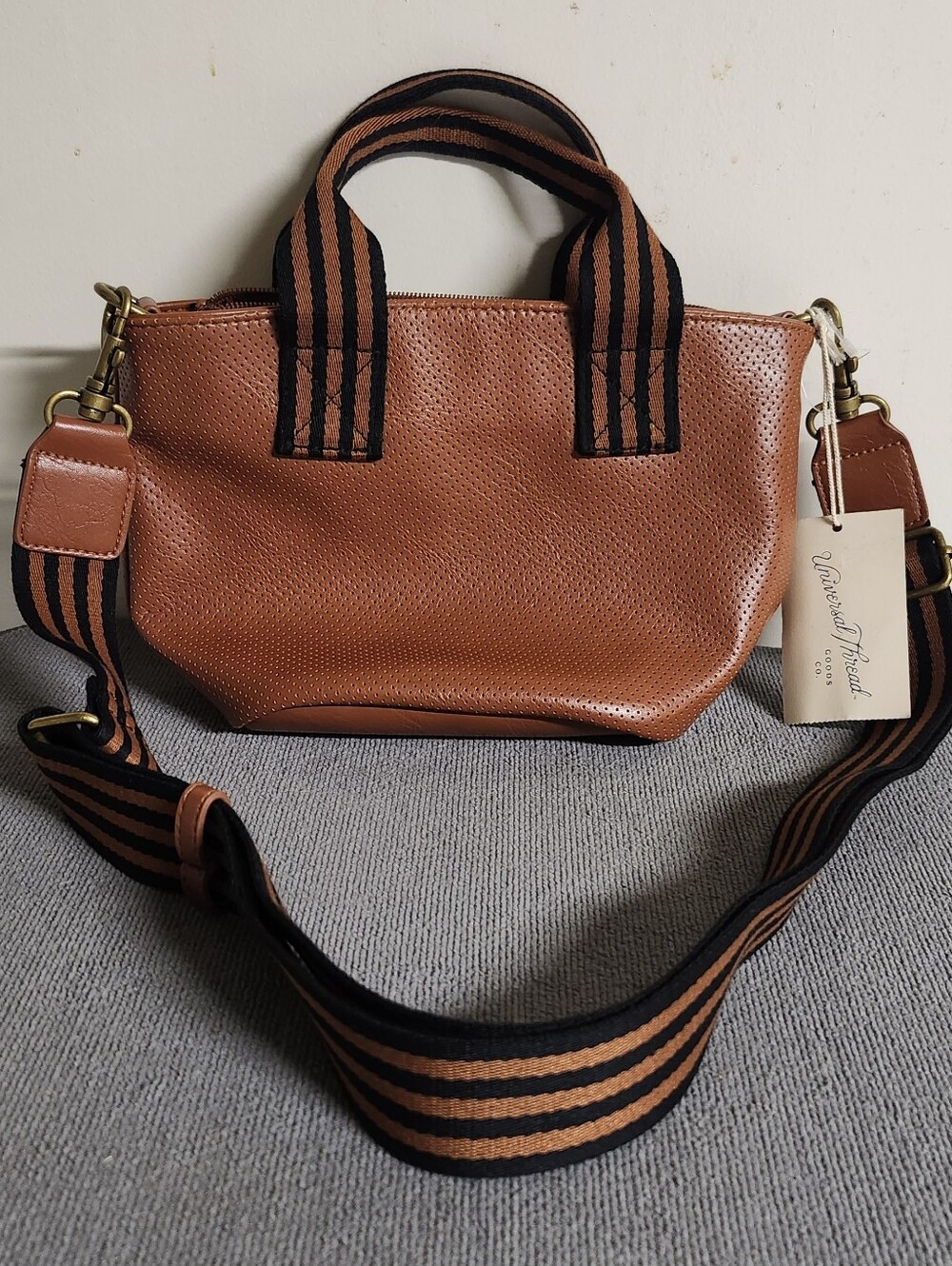 Universal Thread Tan Faux-Leather Perforated Crossbody Tote with Striped Strap